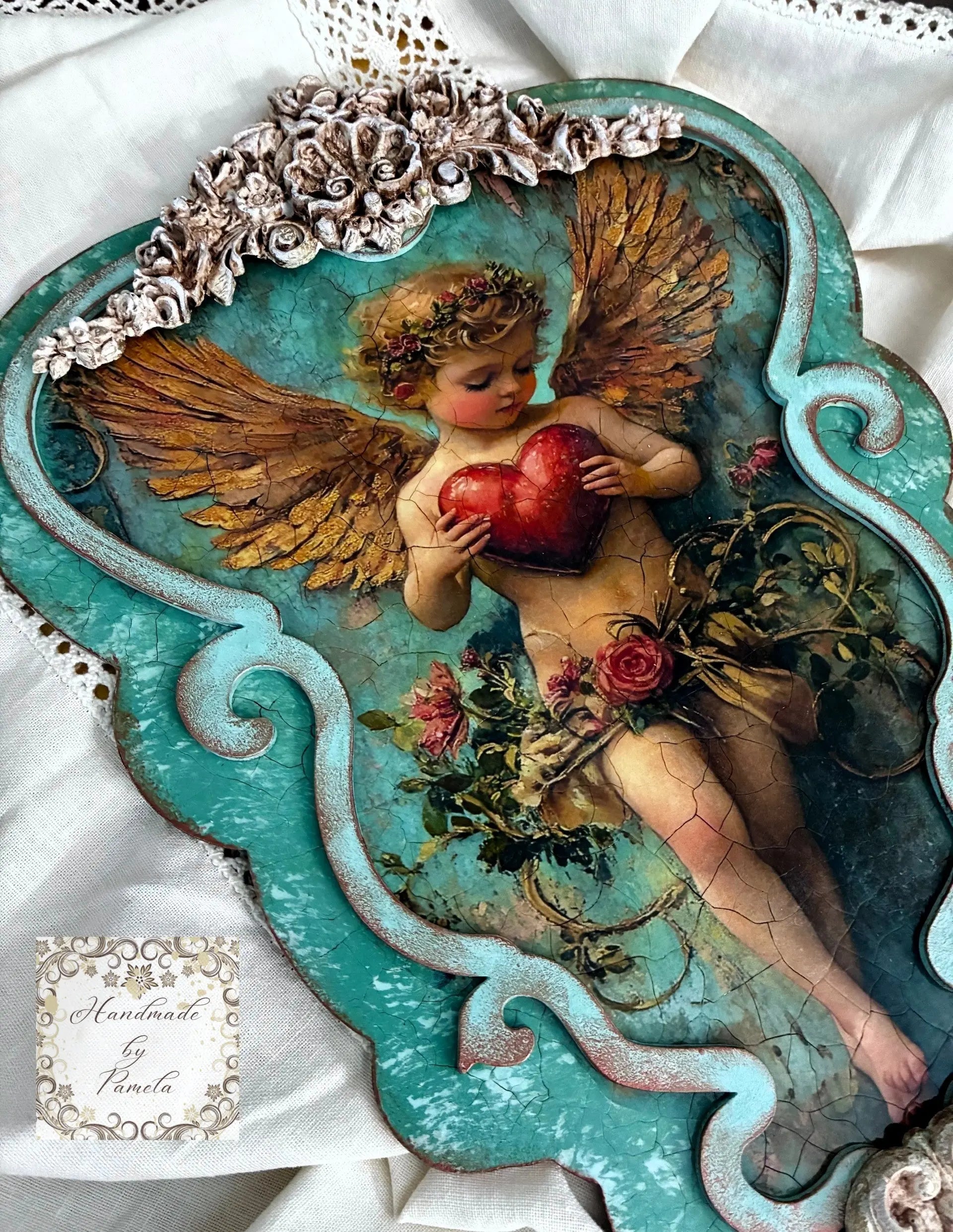 Handcrafted, Decoupage, Mixed Media, Valentine Heart Cupid Plaque on Laser Cut MDF Handmade by Pamela