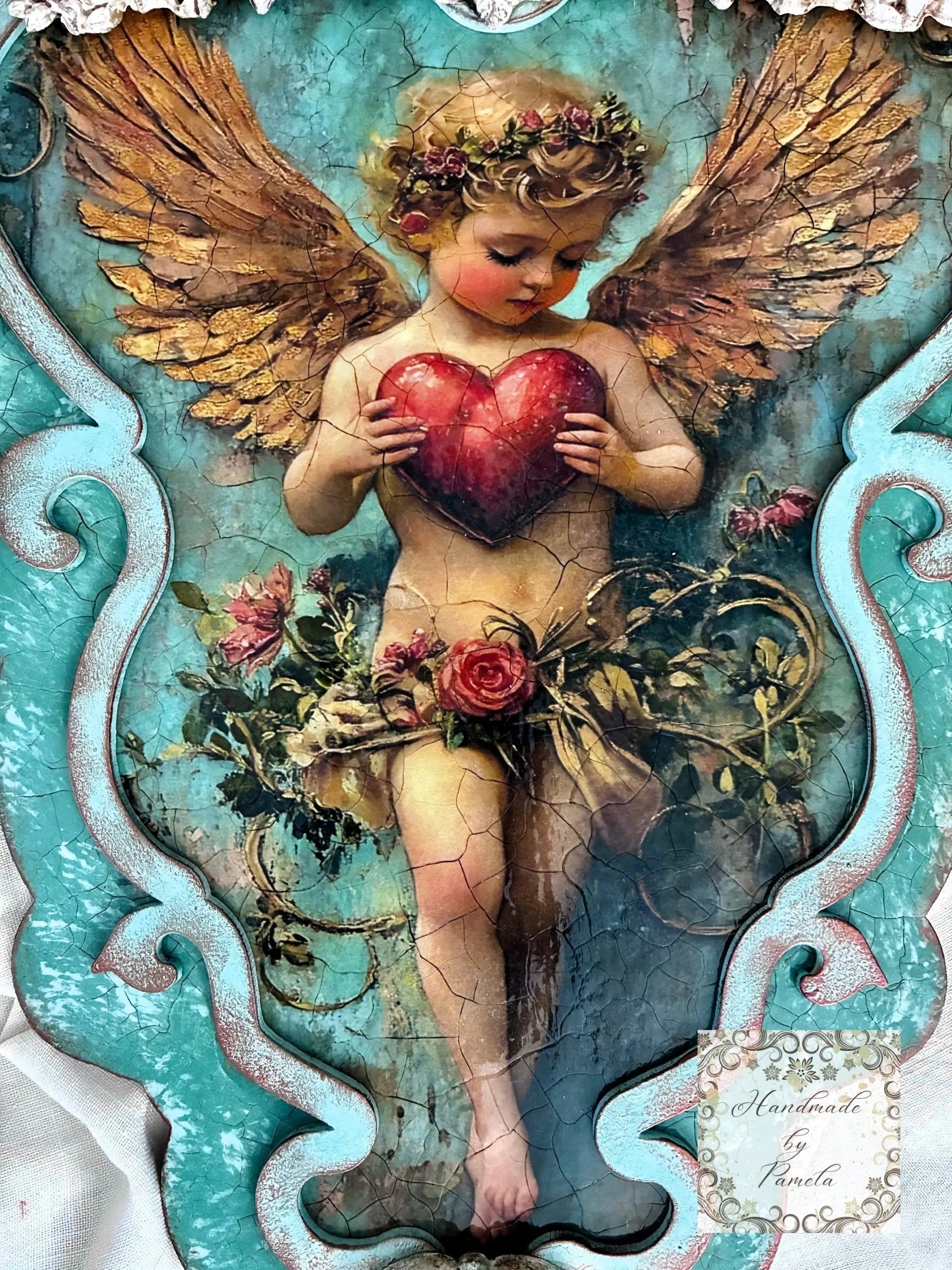Handcrafted, Decoupage, Mixed Media, Valentine Heart Cupid Plaque on Laser Cut MDF Handmade by Pamela