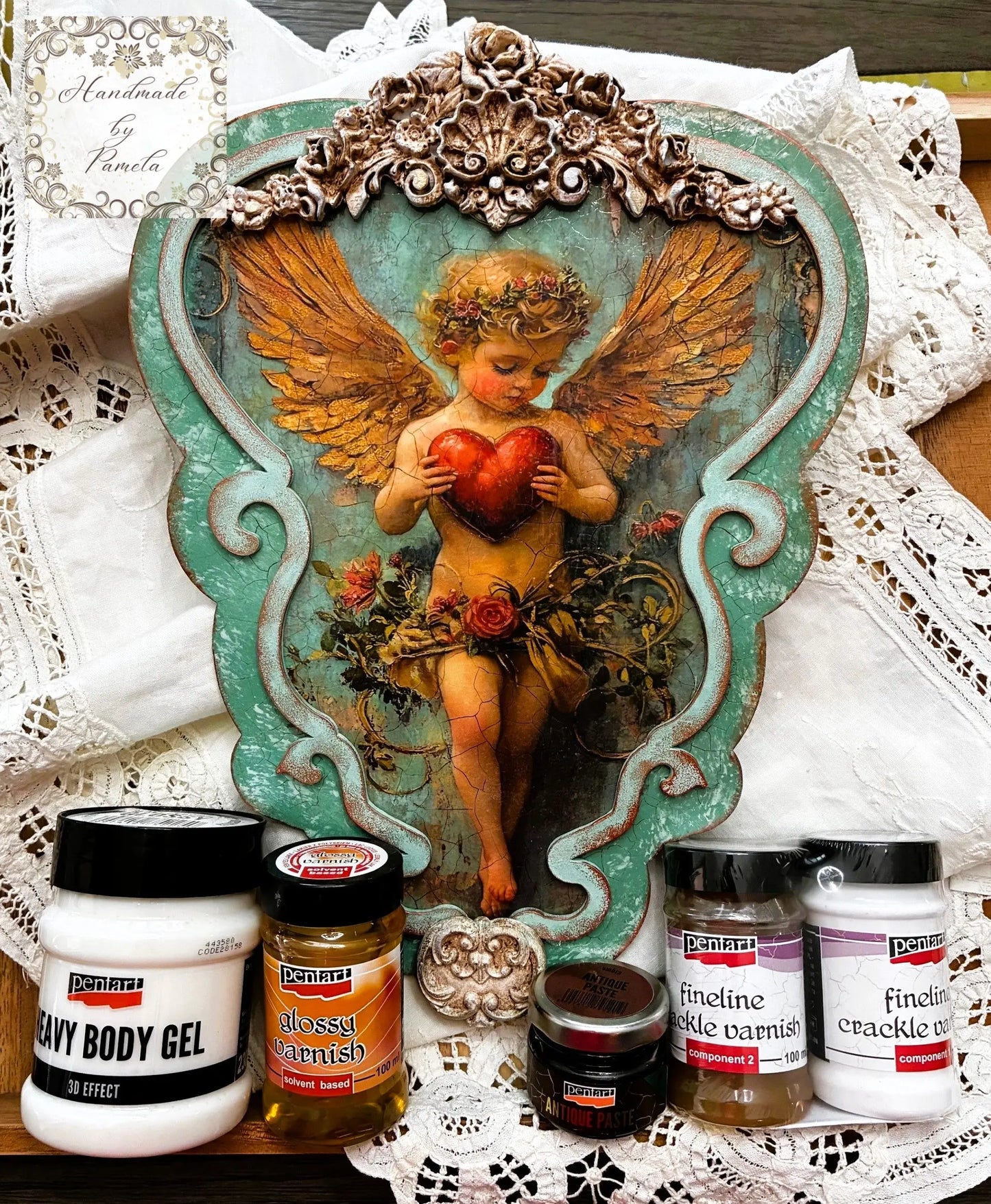 Handcrafted, Decoupage, Mixed Media, Valentine Heart Cupid Plaque on Laser Cut MDF Handmade by Pamela