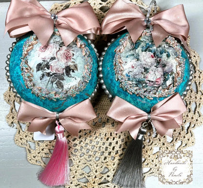 Handcrafted, Vintage Style Ornament Set of 2, Turquoise, Pink, Roses, Shabby Chic Style Handmade by Pamela