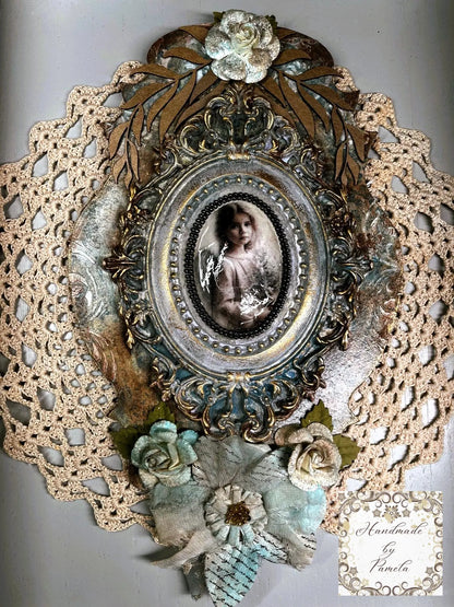 Handcrafted, Laser cut MDF, Vintage Style Girl Angel Portrait, Shabby Chic, Decoupage, Mixed Media Handmade by Pamela