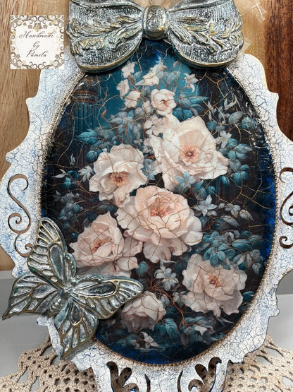 Handcrafted, Home Decor, Decoupage, Mixed Media, Home Decor, Plaque, Panel with White Flowers Handmade by Pamela