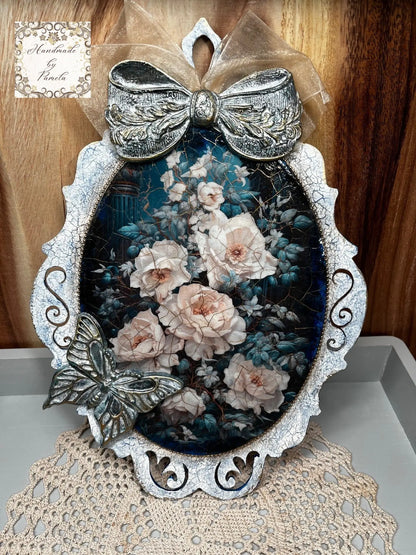 Handcrafted, Home Decor, Decoupage, Mixed Media, Home Decor, Plaque, Panel with White Flowers Handmade by Pamela