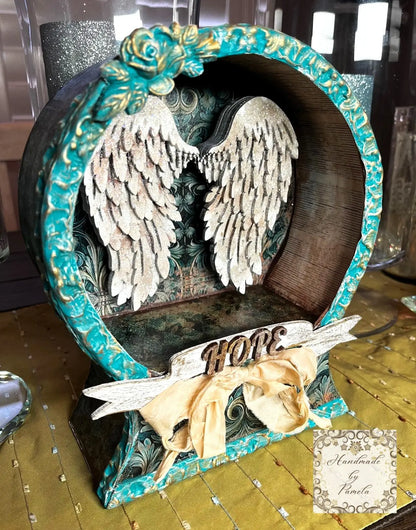 Handcrafted, Art by Pamela, Laser Cut MDF, Decoupage, Mixed Media Angel Wings Shadow Box Handmade by Pamela