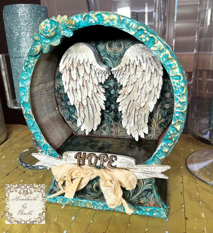 Handcrafted, Art by Pamela, Laser Cut MDF, Decoupage, Mixed Media Angel Wings Shadow Box Handmade by Pamela