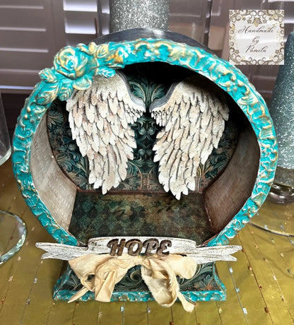 Handcrafted, Art by Pamela, Laser Cut MDF, Decoupage, Mixed Media Angel Wings Shadow Box Handmade by Pamela