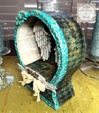 Handcrafted, Art by Pamela, Laser Cut MDF, Decoupage, Mixed Media Angel Wings Shadow Box Handmade by Pamela