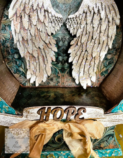 Handcrafted, Art by Pamela, Laser Cut MDF, Decoupage, Mixed Media Angel Wings Shadow Box Handmade by Pamela