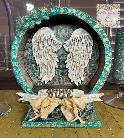 Handcrafted, Art by Pamela, Laser Cut MDF, Decoupage, Mixed Media Angel Wings Shadow Box Handmade by Pamela