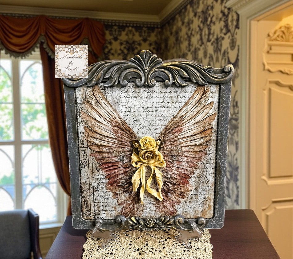 Handcrafted, Decoupage, Mixed Media, Angel Wings, Plaque, Wall Art, Vintage Shabby Chic Style, Art by Pamela