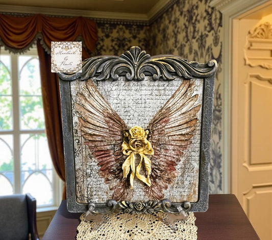 Handcrafted, Decoupage, Mixed Media, Angel Wings, Plaque, Wall Art, Vintage Shabby Chic Style, Art by Pamela