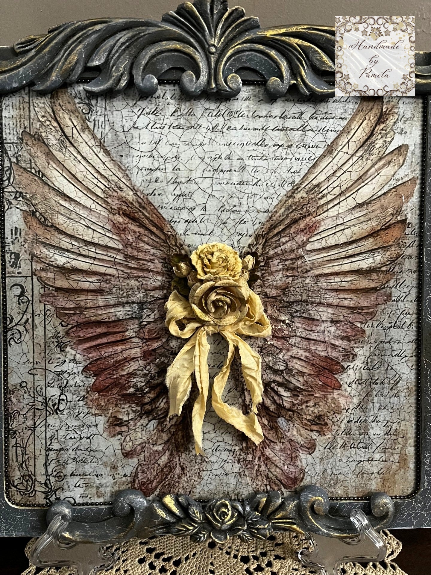 Handcrafted, Decoupage, Mixed Media, Angel Wings, Plaque, Wall Art, Vintage Shabby Chic Style, Art by Pamela
