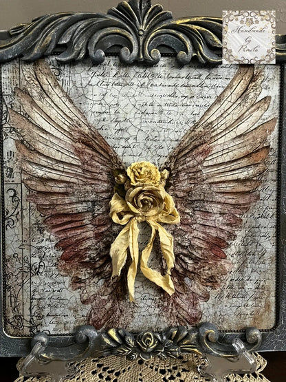 Handcrafted, Decoupage, Mixed Media, Angel Wings, Plaque, Wall Art, Vintage Shabby Chic Style, Art by Pamela Handmade by Pamela