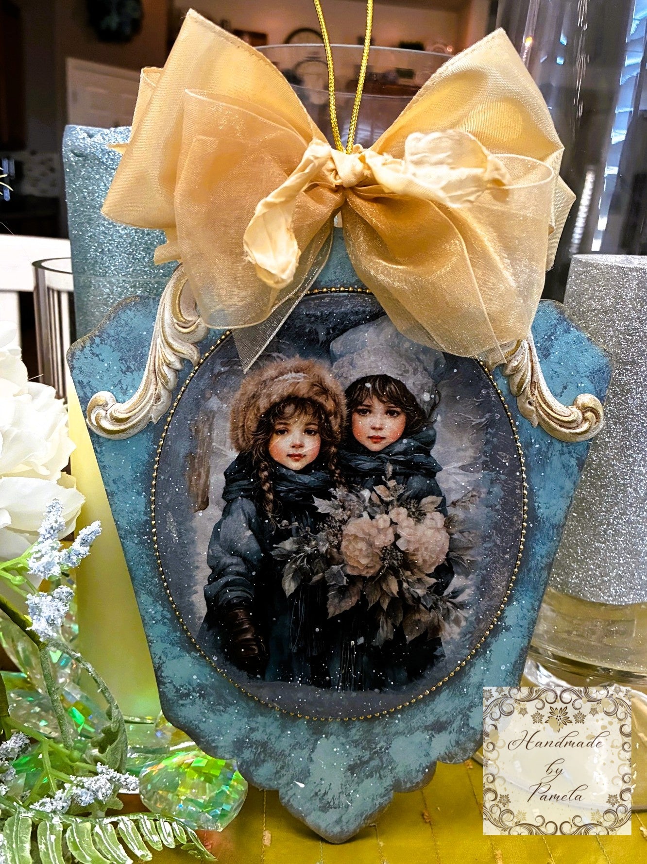 Handcrafted Decoupage, Mixed Media, Winter Scene Christmas Ornament