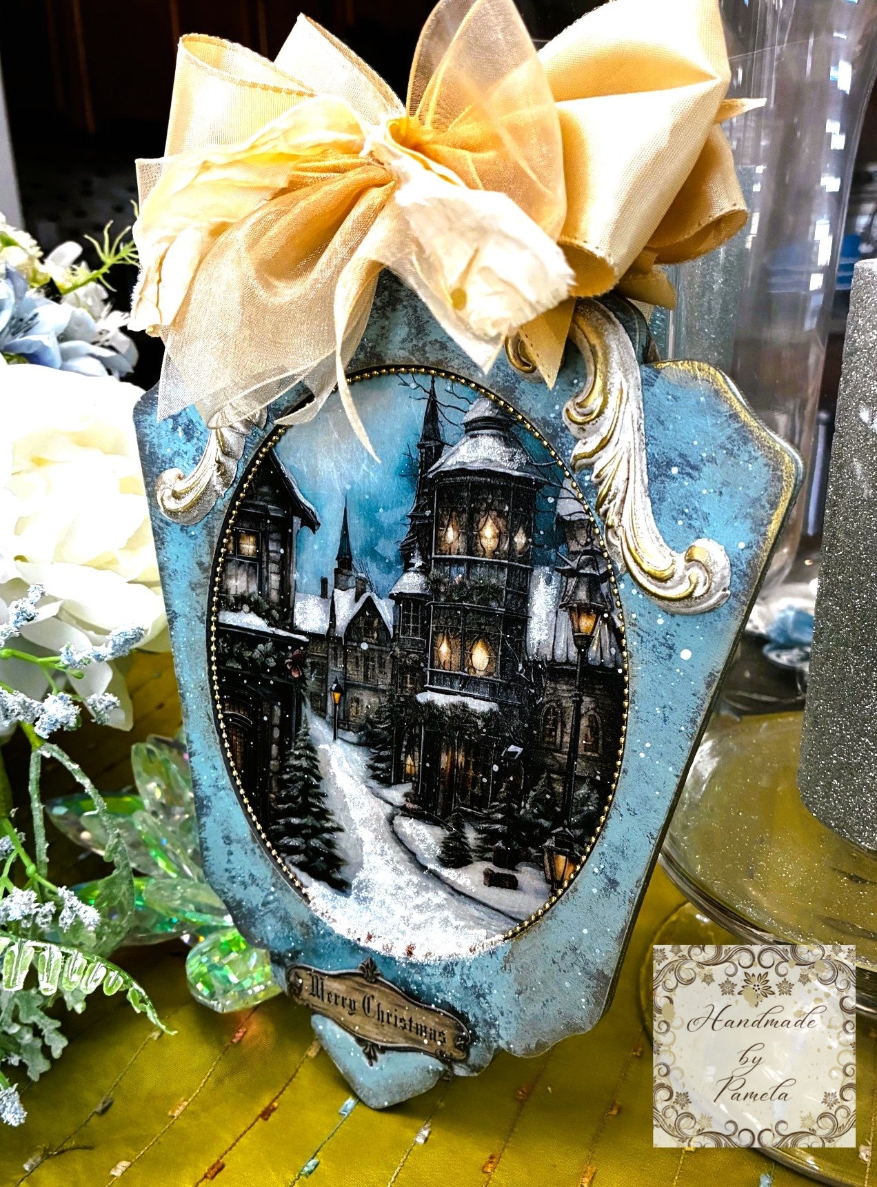 Handcrafted Decoupage, Mixed Media, Winter Scene Christmas Ornament