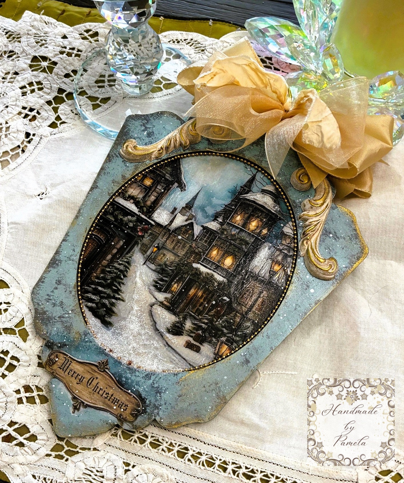 Handcrafted Decoupage, Mixed Media, Winter Scene Christmas Ornament