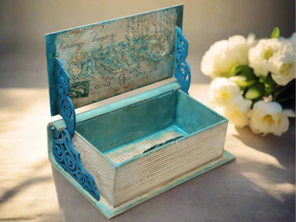 Handcrafted, Mixed Media, Decoupage, MDF Book Box, Vintage Style, Blue Birds Handmade by Pamela