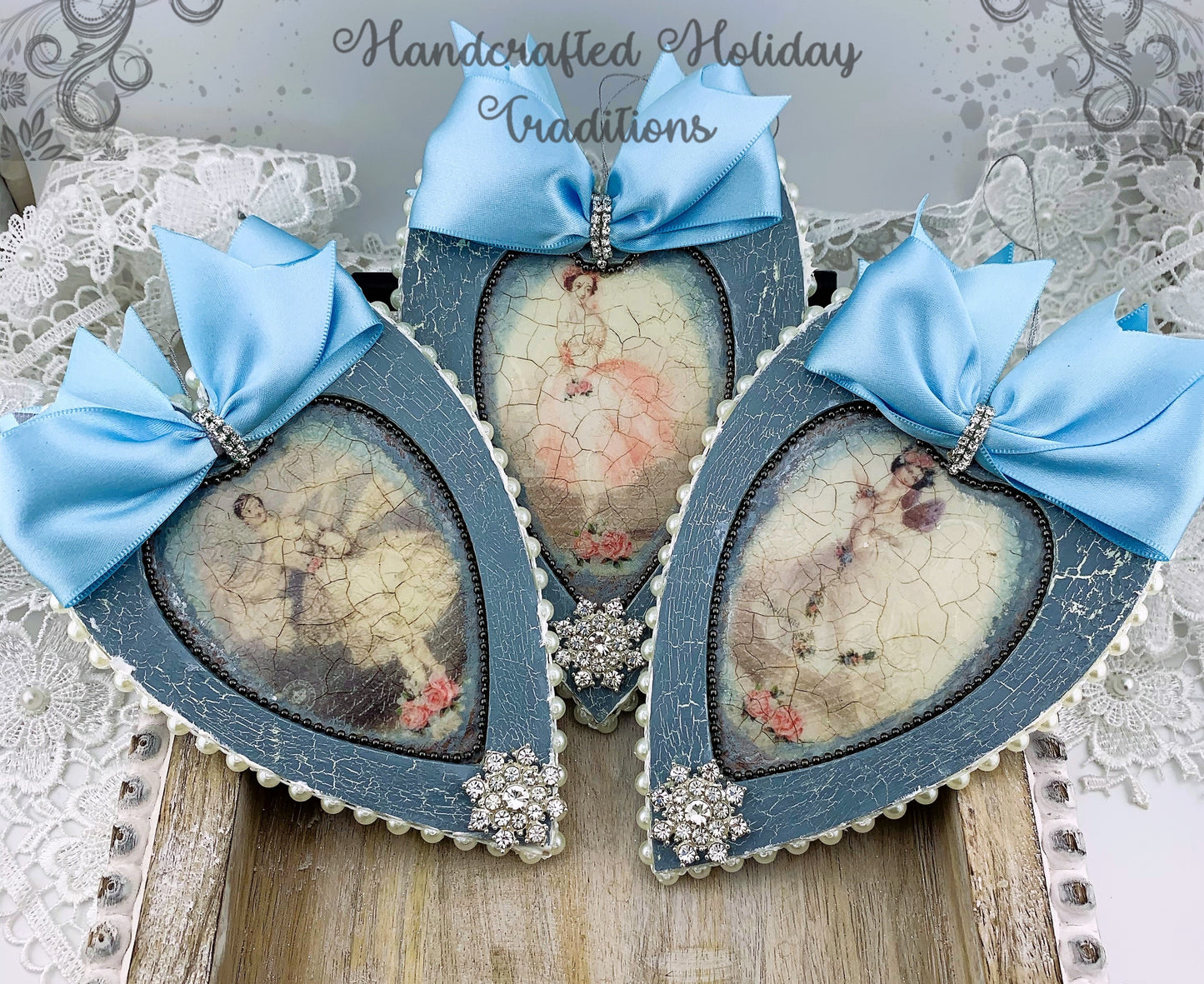 Handcrafted Shabby Chic Mixed Media Blue Heart Ornament Set 3, Vintage Style Ballerinas, Decoupage MDF Ballerina Hearts Pendant Ornament Set