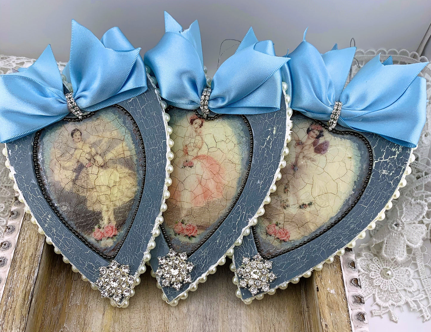 Handcrafted Shabby Chic Mixed Media Blue Heart Ornament Set 3, Vintage Style Ballerinas, Decoupage MDF Ballerina Hearts Pendant Ornament Set