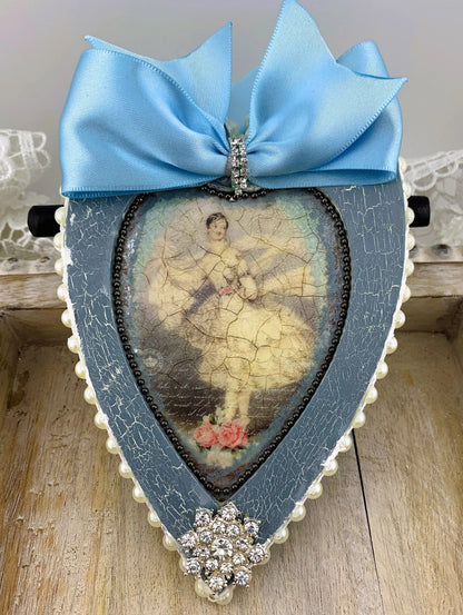Handcrafted Shabby Chic Mixed Media Blue Heart Ornament Set 3, Vintage Style Ballerinas, Decoupage MDF Ballerina Hearts Pendant Ornament Set Handmade by Pamela