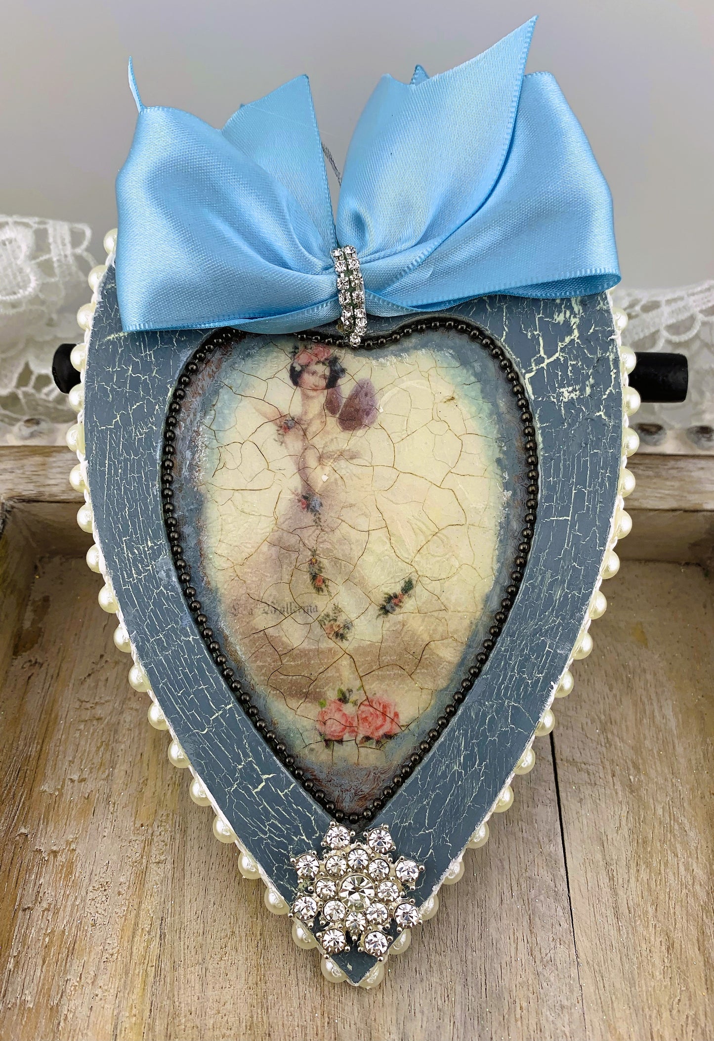 Handcrafted Shabby Chic Mixed Media Blue Heart Ornament Set 3, Vintage Style Ballerinas, Decoupage MDF Ballerina Hearts Pendant Ornament Set