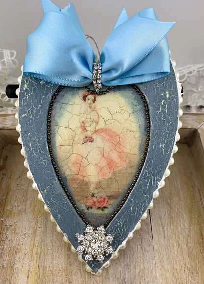 Handcrafted Shabby Chic Mixed Media Blue Heart Ornament Set 3, Vintage Style Ballerinas, Decoupage MDF Ballerina Hearts Pendant Ornament Set Handmade by Pamela