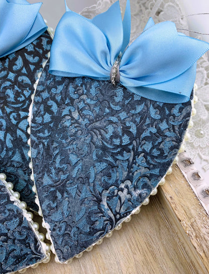 Handcrafted Shabby Chic Mixed Media Blue Heart Ornament Set 3, Vintage Style Ballerinas, Decoupage MDF Ballerina Hearts Pendant Ornament Set Handmade by Pamela