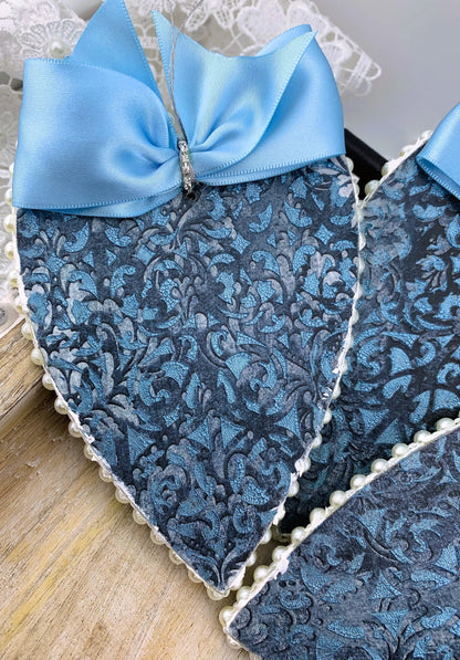 Handcrafted Shabby Chic Mixed Media Blue Heart Ornament Set 3, Vintage Style Ballerinas, Decoupage MDF Ballerina Hearts Pendant Ornament Set Handmade by Pamela