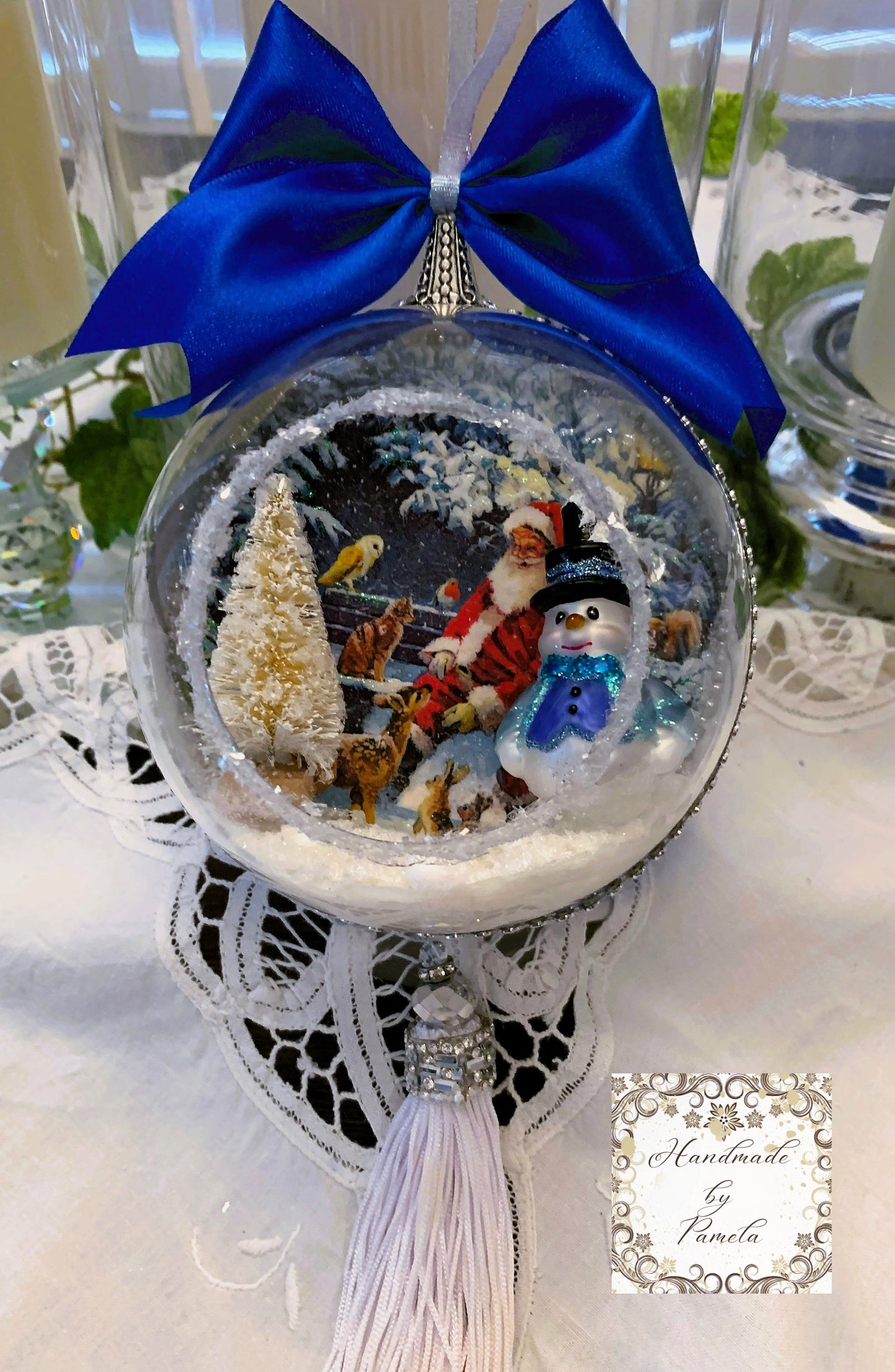 Handcrafted, Christmas, Large 3d Diorama Round Ornament, Santa, Snowman, Tree, Winter Scene, Decoupage, Mixed Media, 3 Variations