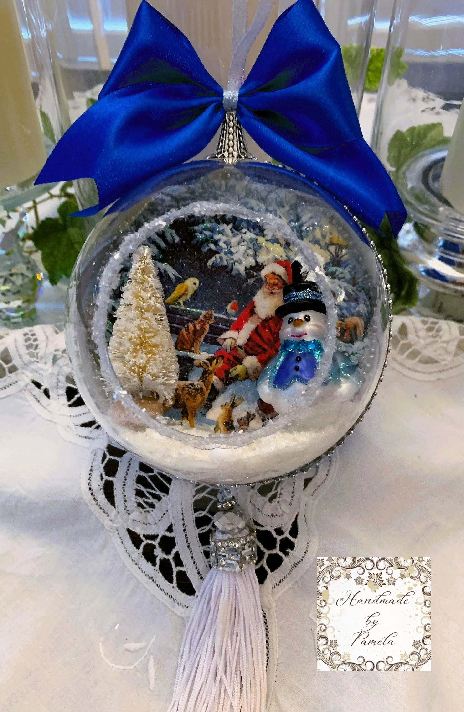 Handcrafted, Christmas, Large 3d Diorama Round Ornament, Santa, Snowman, Tree, Winter Scene, Decoupage, Mixed Media, 3 Variations Handmade by Pamela
