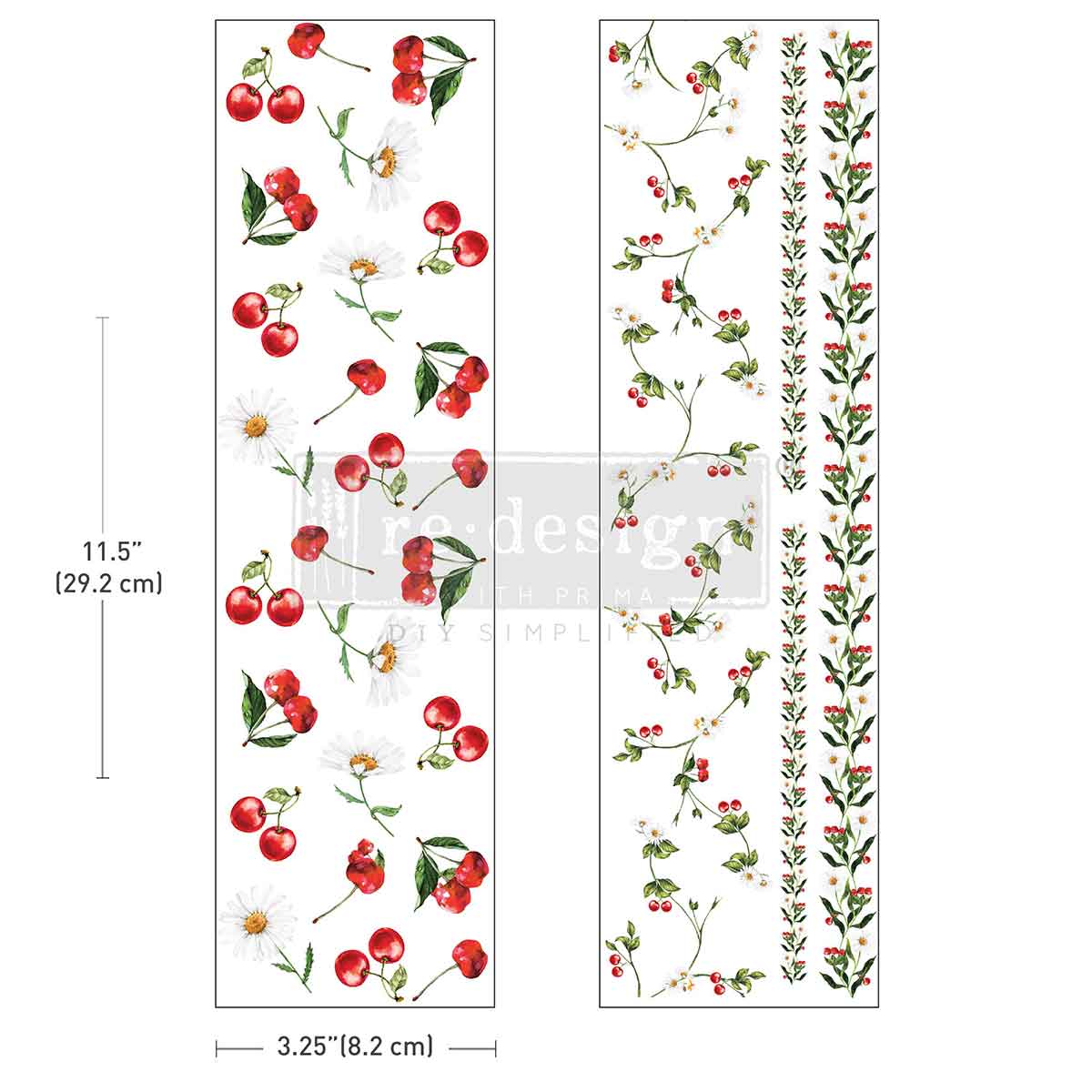 Two floral border designs with cherries and greenery, one vertical and one horizontal, on a white background.