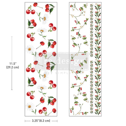 Two floral border designs with cherries and greenery, one vertical and one horizontal, on a white background.