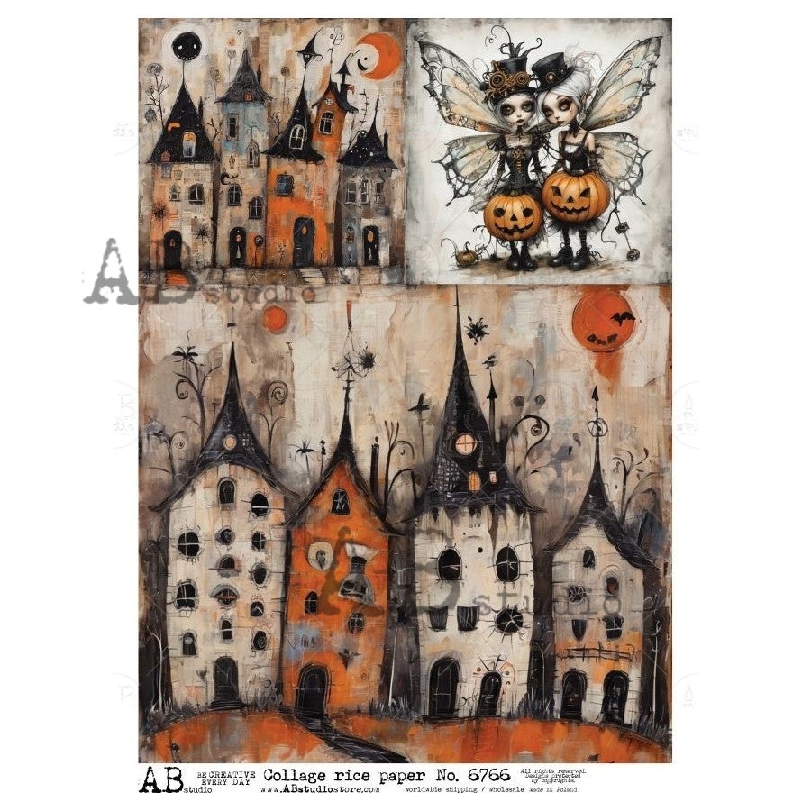 AB Studio, Rice Paper for Decoupage, Haunted Houses, Halloween, Whimsical, Fairies, Pumpkins, Squares, 6766, A4, 8.27 X 11.69
