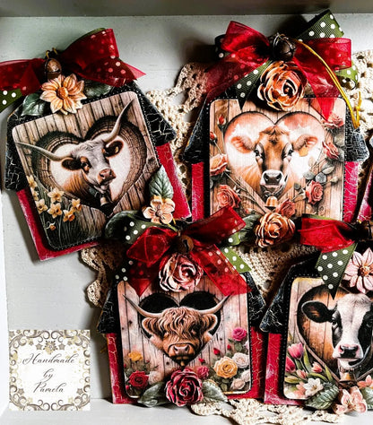 Handcrafted, Decoupage, Christmas, Barn, Cows, Bulls, Heifers, Set of 5 Ornaments,  Mixed Media, Laser Cut MDF, Farm Animals, Flowers Handmade by Pamela
