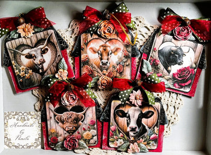 Handcrafted, Decoupage, Christmas, Barn, Cows, Bulls, Heifers, Set of 5 Ornaments,  Mixed Media, Laser Cut MDF, Farm Animals, Flowers Handmade by Pamela