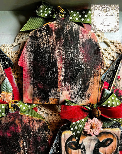 Handcrafted, Decoupage, Christmas, Barn, Cows, Bulls, Heifers, Set of 5 Ornaments,  Mixed Media, Laser Cut MDF, Farm Animals, Flowers Handmade by Pamela