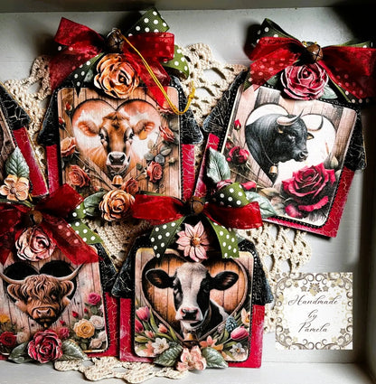 Handcrafted, Decoupage, Christmas, Barn, Cows, Bulls, Heifers, Set of 5 Ornaments,  Mixed Media, Laser Cut MDF, Farm Animals, Flowers Handmade by Pamela