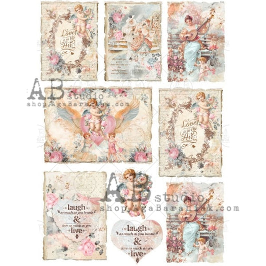 AB Studio, Rice Paper, Milky Valley, Pink Cupids, Love, Valentines Day, Squares, Shabby Chic, ID-370 A4 8.27 x 11.69 Mixed Media, Decoupage