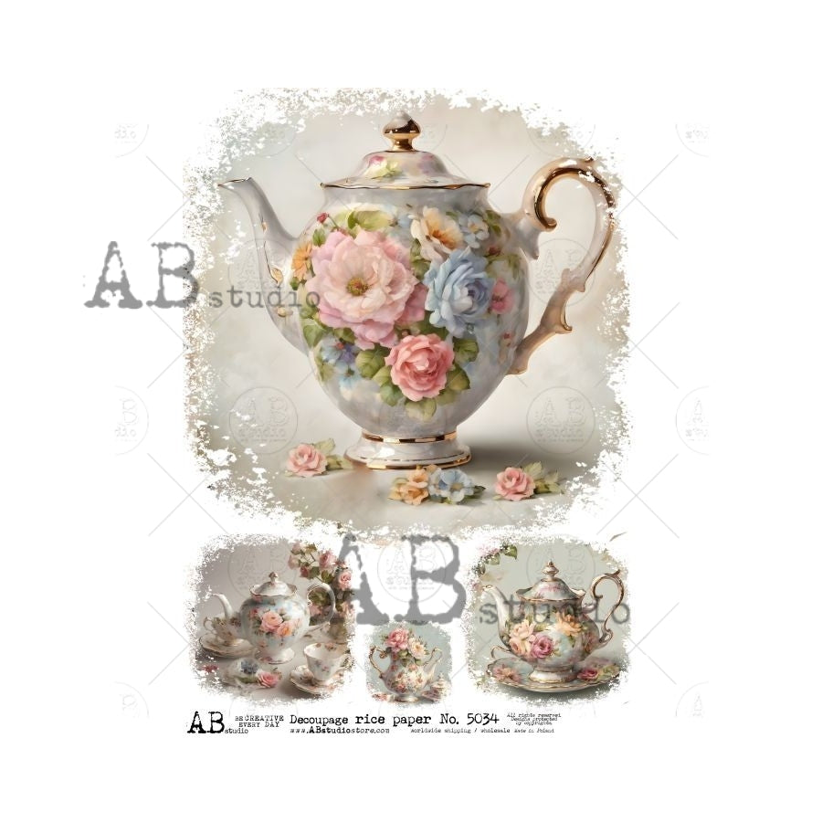 AB Studio, Rice Paper, Decoupage, Vintage Style, Floral Tea Pot, Antique, Shabby Chic Style, 5034, A4 8.27 x 11.69, Mixed Media, Decoupage