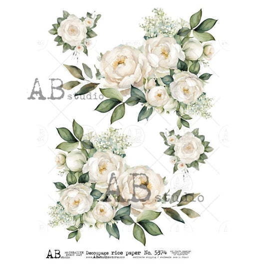 AB Studio, Rice Paper, White Roses, Peonies, Flowers, Floral, Flowers, A4 8.27 x 11.69, Mixed Media, Decoupage, ID-5374