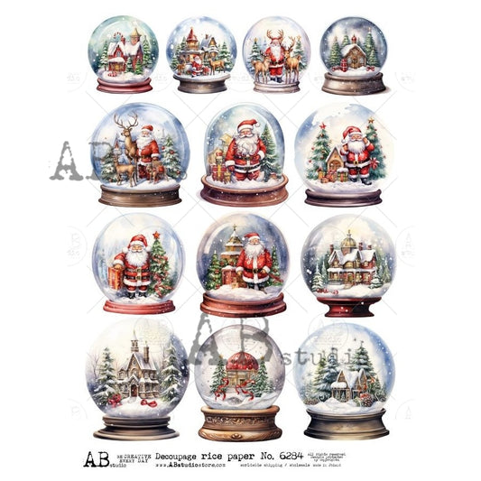 AB Studio, Rice Paper, Decoupage, Christmas, Snow Globes, Winter Scenes, Santa, Trees, Cards, Ornaments, Mixed Media, 6284, A4 8.27 x 11.69