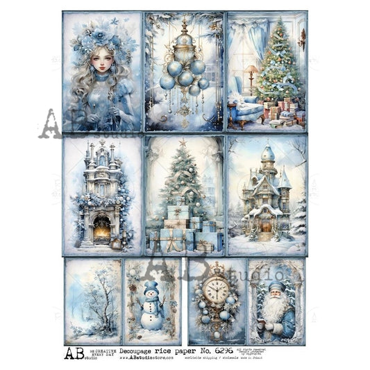 AB Studio, Rice Paper, Decoupage, Christmas, Blue, White, Tags, Squares, Tree, Snowman, Santa, Holiday, Shabby chic, ID-6196 A4 8.27 x 11.69