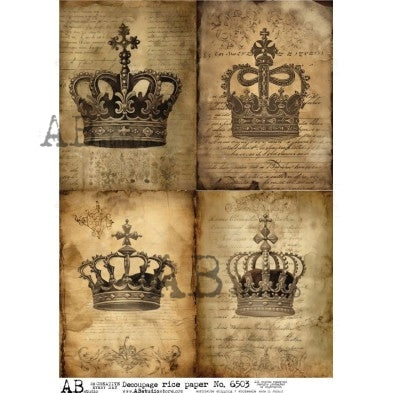 AB Studio, Rice Paper, Decoupage, Vintage, Antique Style, Crowns, Squares, Shabby chic, Mixed Media, 6503, A4  8.27 X 11.69