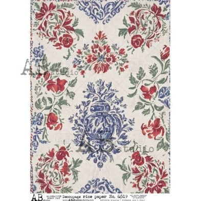 AB Studio, Rice Paper, Decoupage, Wallpaper, Background, Shabby Chic, Blue, Red, 6519, A4 8.27 x 11.69, Mixed Media