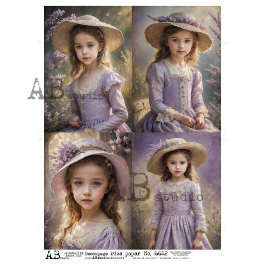 AB Studio, Rice Paper, Decoupage, Girls in Purple Dress, Hat, Squares, Vintage, Shabby Chic Style, ID-6612, A4 8.27 X 11.69 in