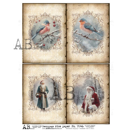 AB Studio, Rice Paper, Christmas, Vintage Style, Framed, Birds, Santa, Squares, Shabby Chic, A4 8.2 x 11.7, Mixed Media, Decoupage, ID-7046