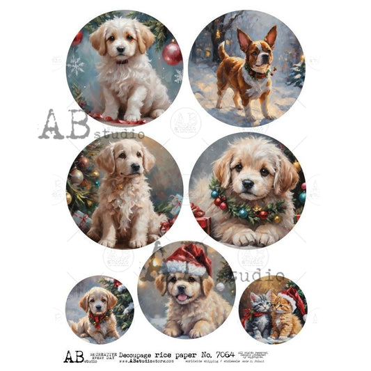 AB Studio, Rice Paper, Christmas, Puppies, Kittens, Decorations, Circles, Rounds, Ornaments, A4 8.2 x 11.7, Mixed Media, Decoupage, ID-7064