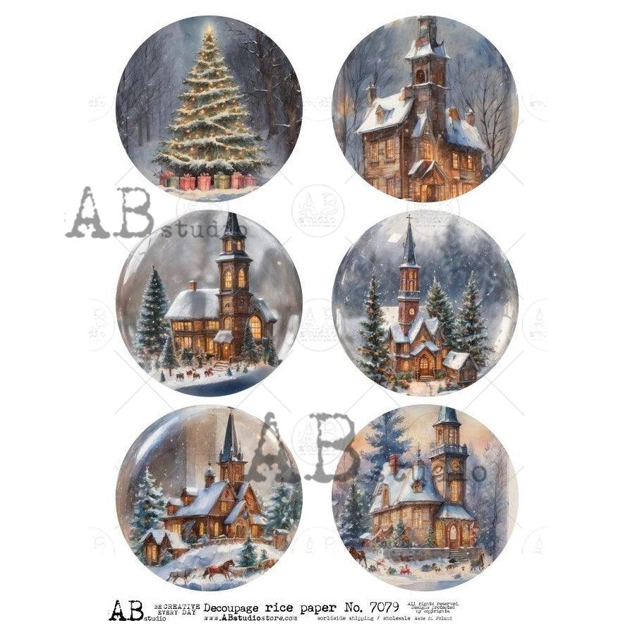 AB Studio, Rice Paper, Christmas, Winter Churches, Trees, Snow, Ornament, Rounds, Circles, A4 8.2 x 11.7, Mixed Media, Decoupage, 7079