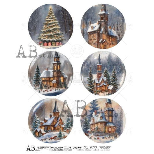AB Studio, Rice Paper, Christmas, Winter Churches, Trees, Snow, Ornament, Rounds, Circles, A4 8.2 x 11.7, Mixed Media, Decoupage, 7079