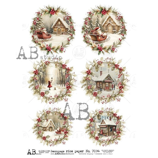 AB Studio, Rice Paper, Christmas, Holly Wreaths, Framed, Winter Cabins, Santa, Rounds, Circles, A4 8.2 x 11.7, Mixed Media, Decoupage, 7094